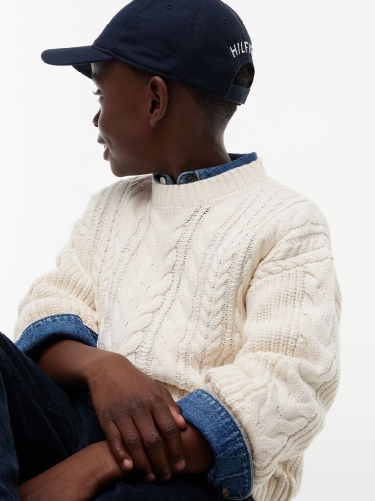 Beige Logo Appliqué Cable Knit Jumper  Boys