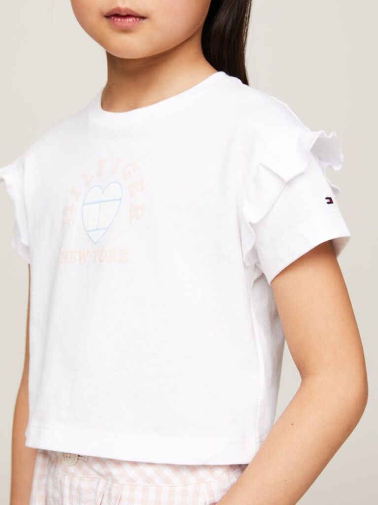 White Heart Flag Ruffle Sleeve Relaxed T-Shirt  Girls