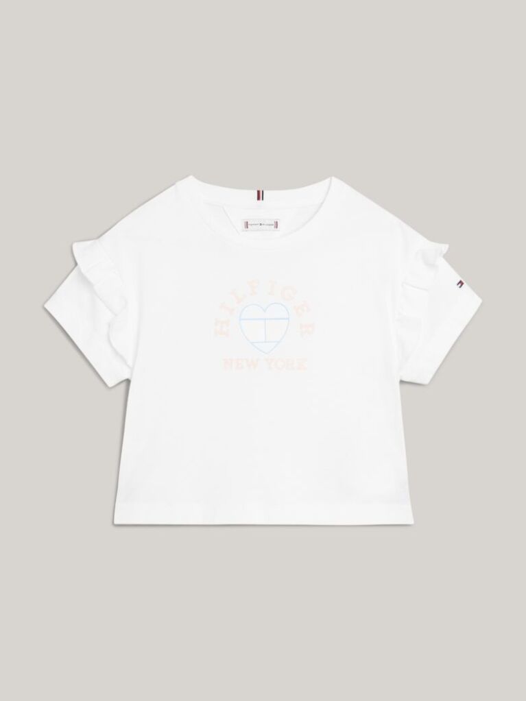 White Heart Flag Ruffle Sleeve Relaxed T-Shirt  Girls