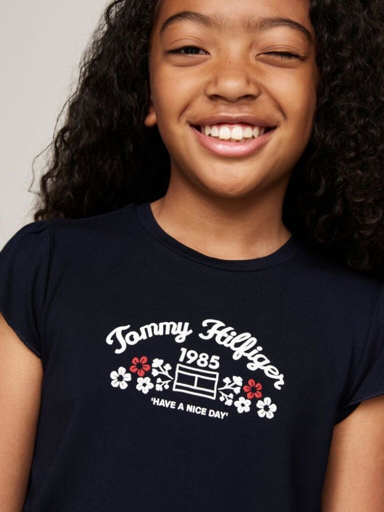 Blue Floral Logo Print Slim Fit T-Shirt  Girls