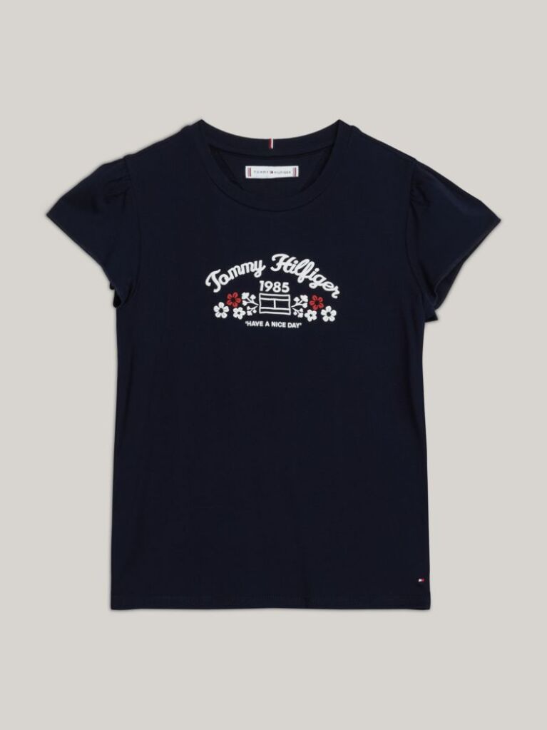 Blue Floral Logo Print Slim Fit T-Shirt  Girls
