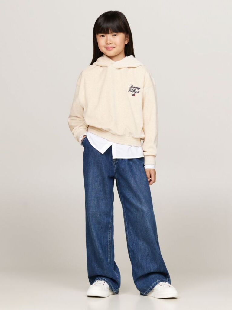 Beige Script Logo Velour Relaxed Hoody  Girls