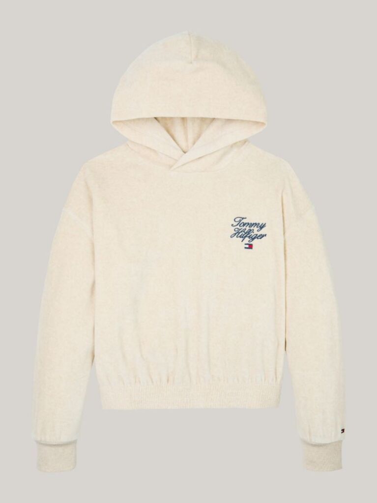 Beige Script Logo Velour Relaxed Hoody  Girls