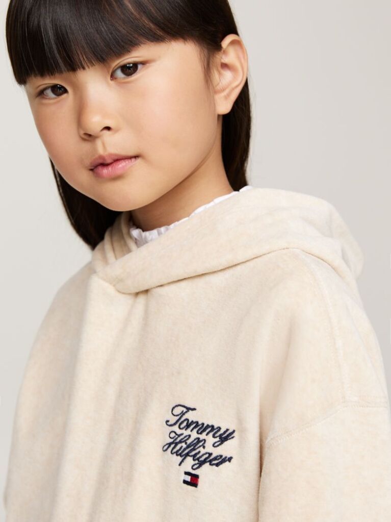 Beige Script Logo Velour Relaxed Hoody  Girls
