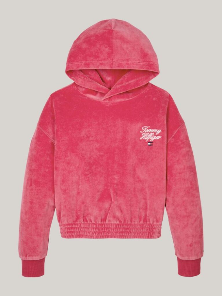Red Script Logo Velour Relaxed Hoody  Girls