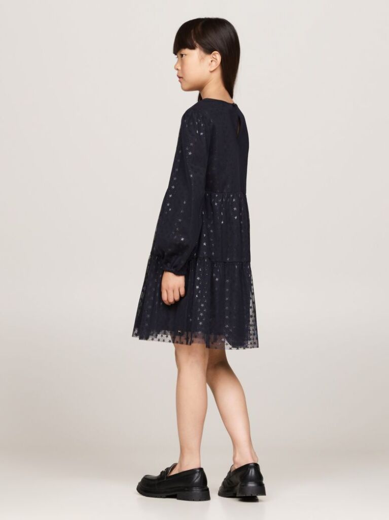 Black Metallic Star Mesh Flare Dress  Girls