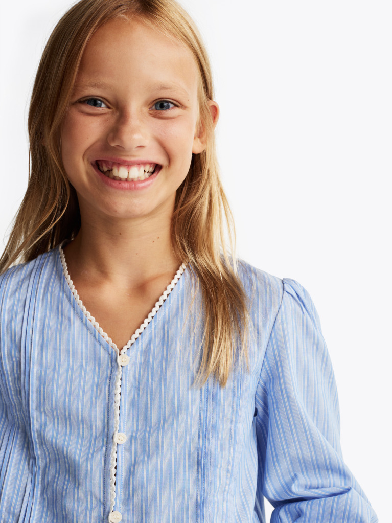 Blue Stripe Pleated Blouse  Girls