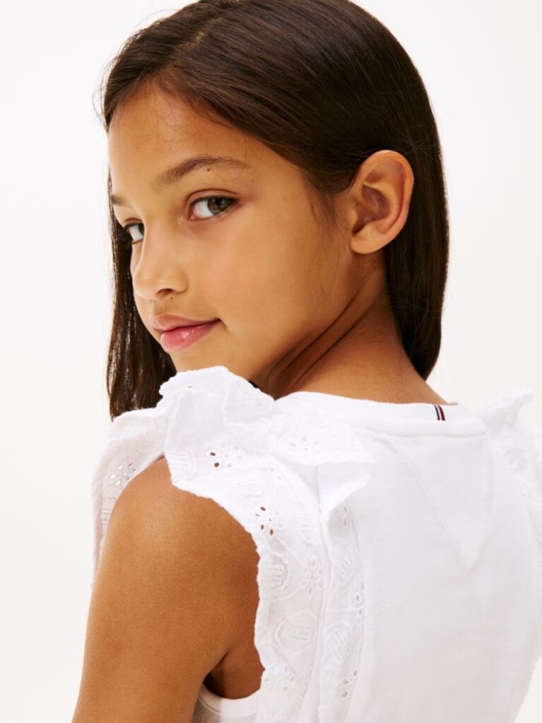White Broderie Anglaise Sleeve Slim Top  Girls