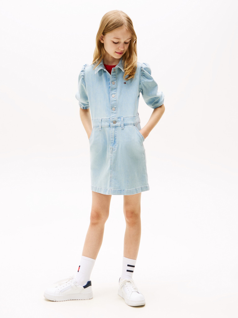 Blue Denim Puff Sleeve Dress  Girls