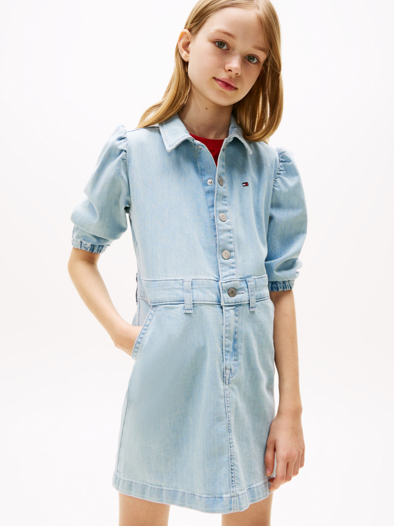 Blue Denim Puff Sleeve Dress  Girls