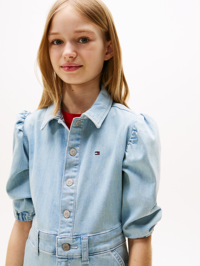 Blue Denim Puff Sleeve Dress  Girls