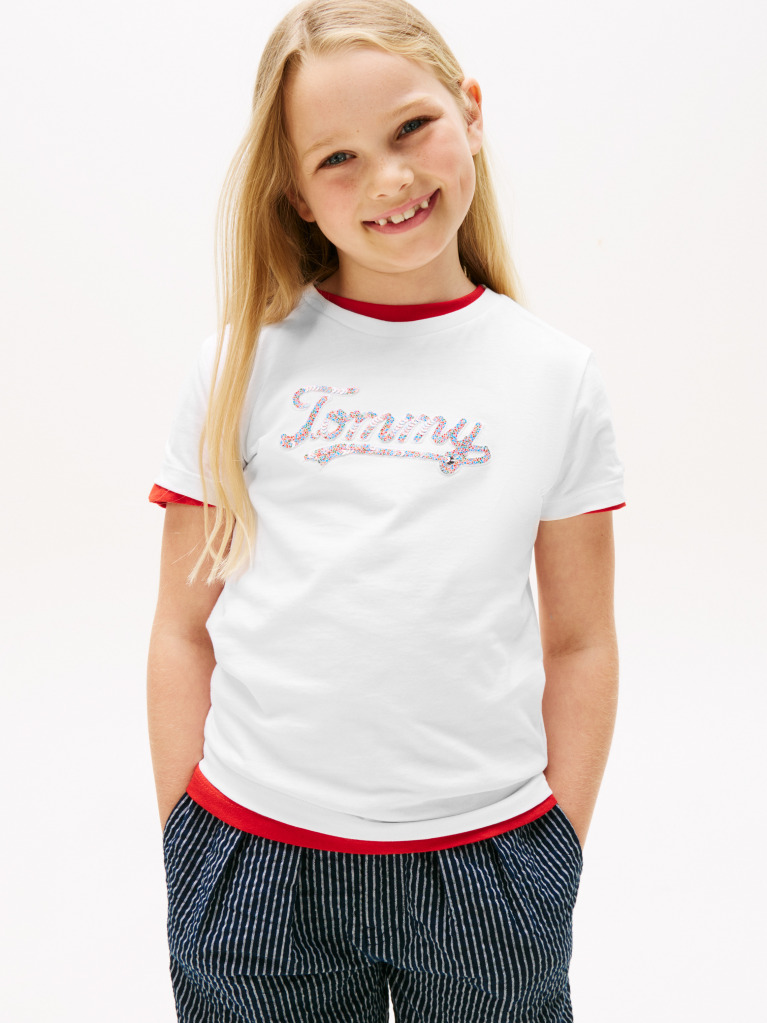 White Tommy Script Sequins T-Shirt Short Sleeve  Girls