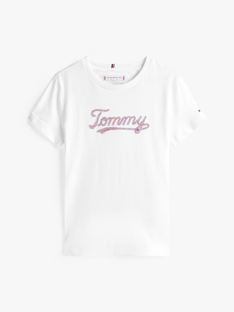 White Tommy Script Sequins T-Shirt Short Sleeve  Girls