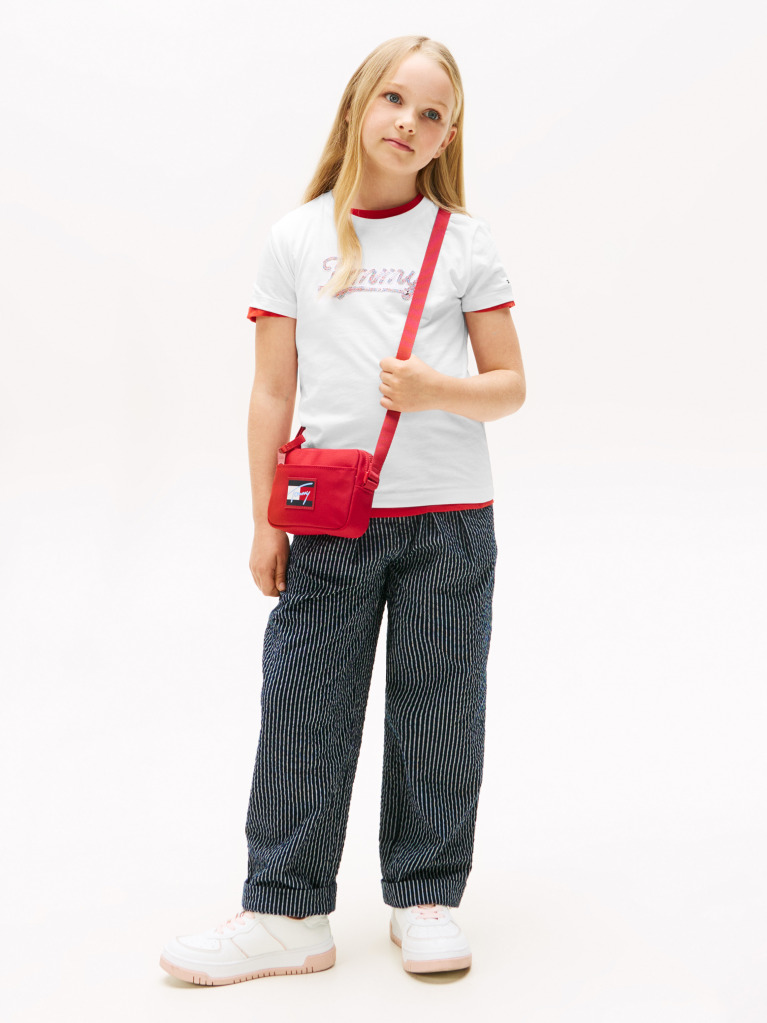 White Tommy Script Sequins T-Shirt Short Sleeve  Girls