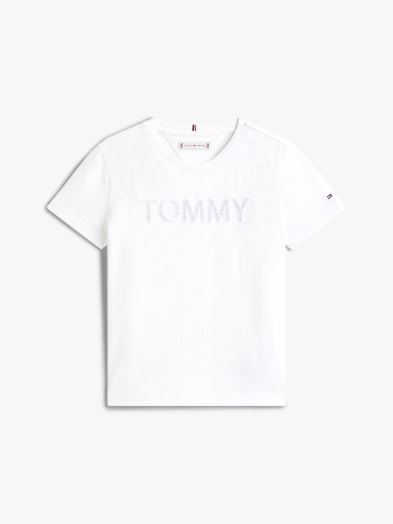 White Tommy Sequins Short Sleeve Tee  Girls