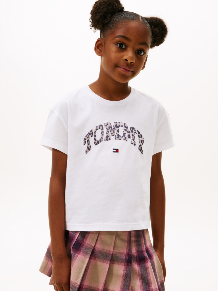 White Varsity Leopard Print Sateen Logo T-Shirt  Girls