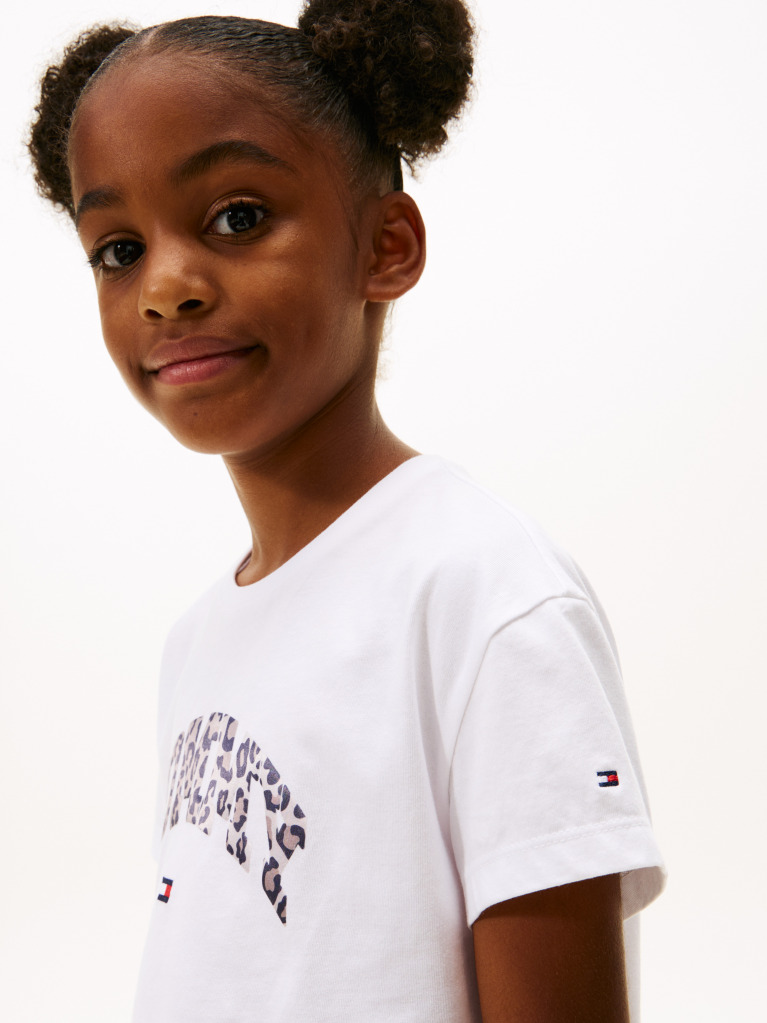 White Varsity Leopard Print Sateen Logo T-Shirt  Girls