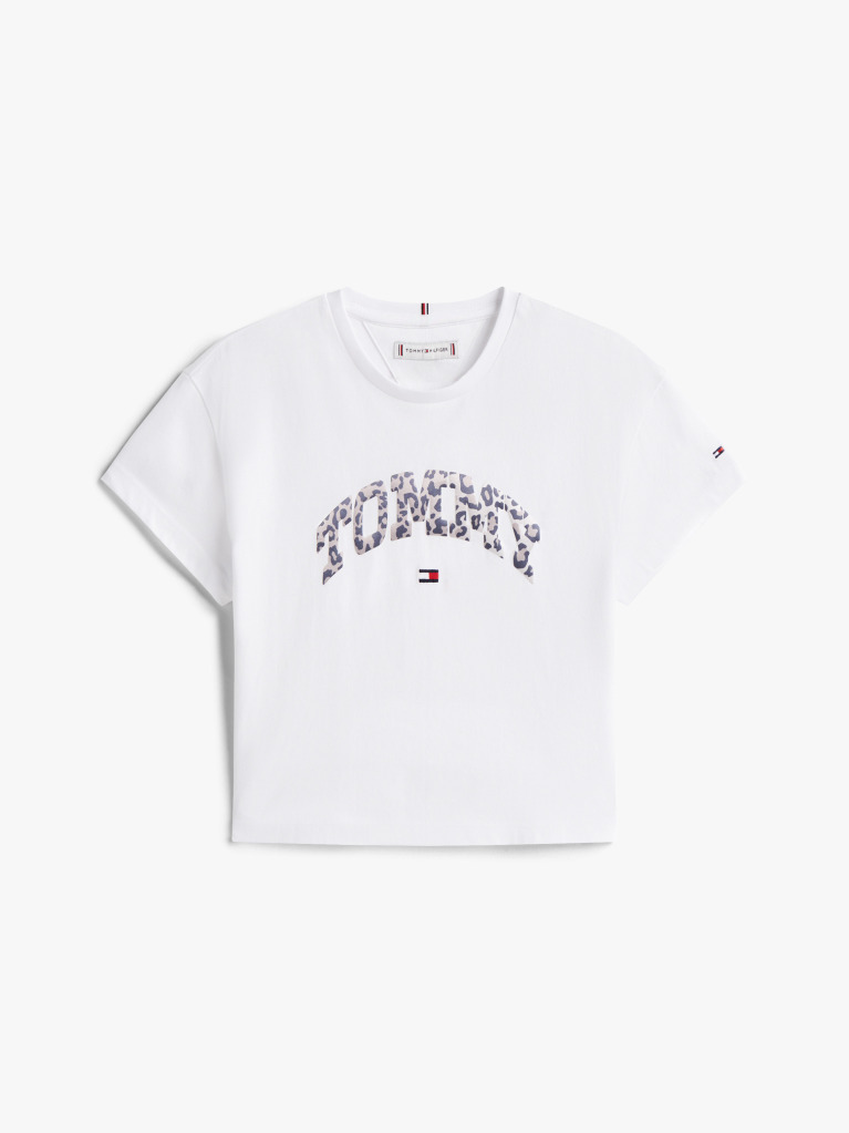 White Varsity Leopard Print Sateen Logo T-Shirt  Girls