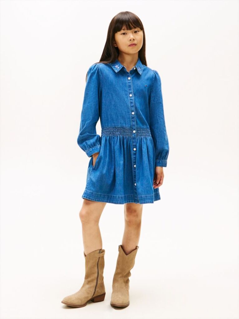 Denim Flower Embroidery Long Sleeve Denim Dress  Girls