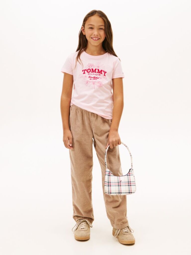 Pink Floral Flock Logo Slim T-Shirt  Girls