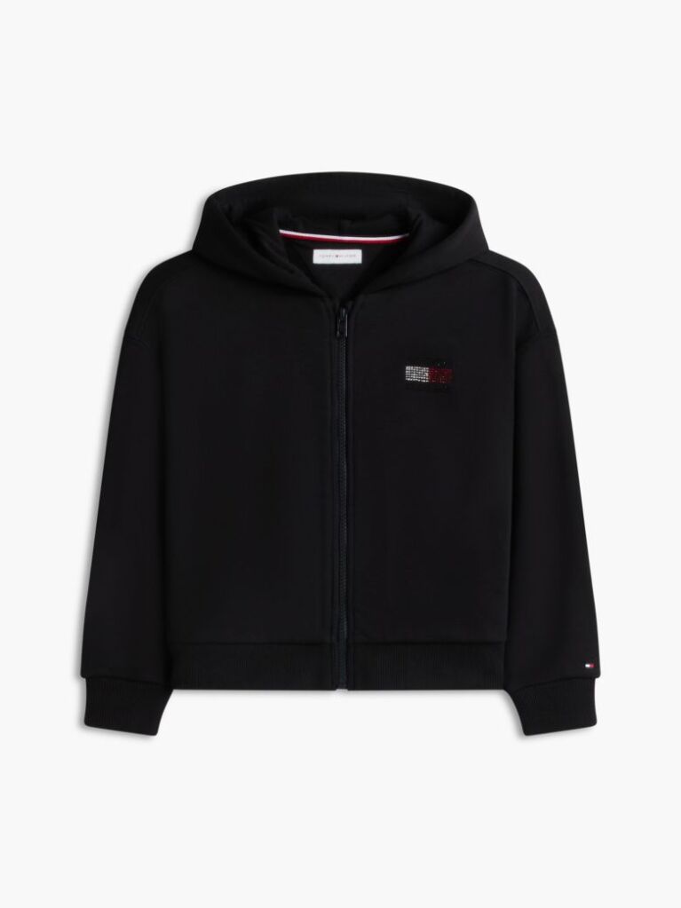Black Rhinestone Flag Relaxed Zip-Thru Hoody  Girls