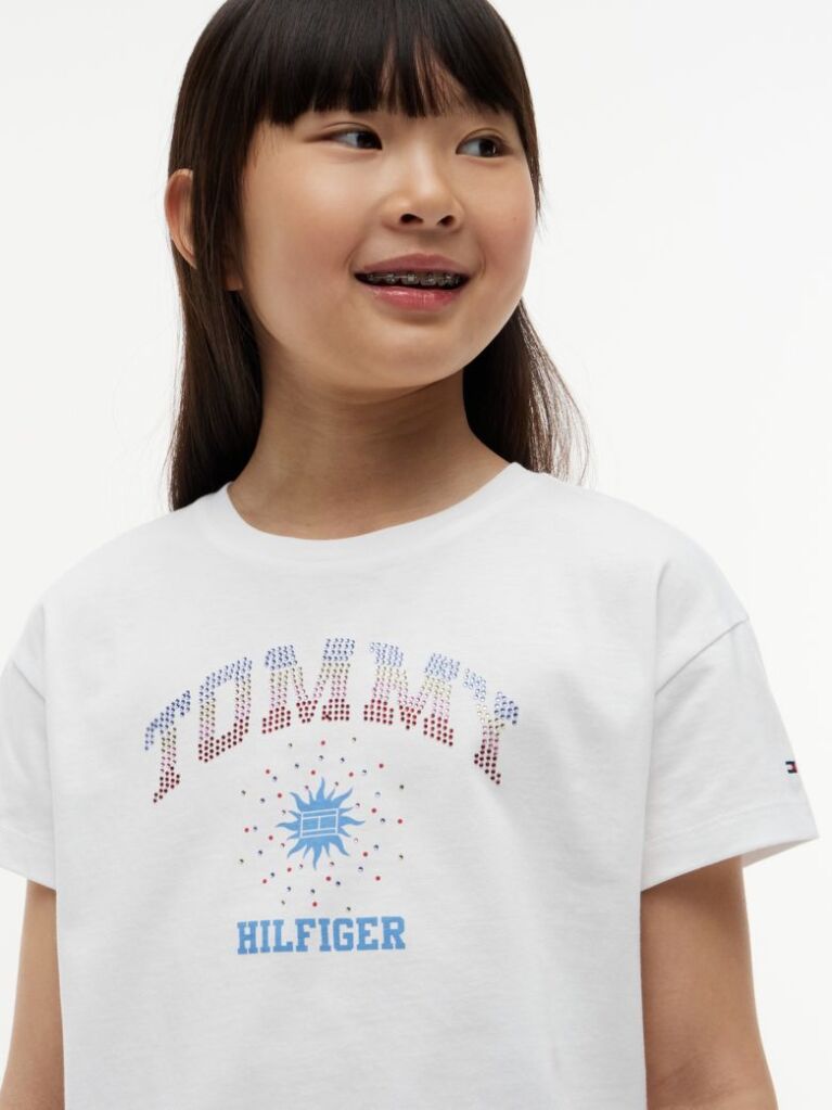 White Rhinestone Logo Relaxed T-Shirt  Girls