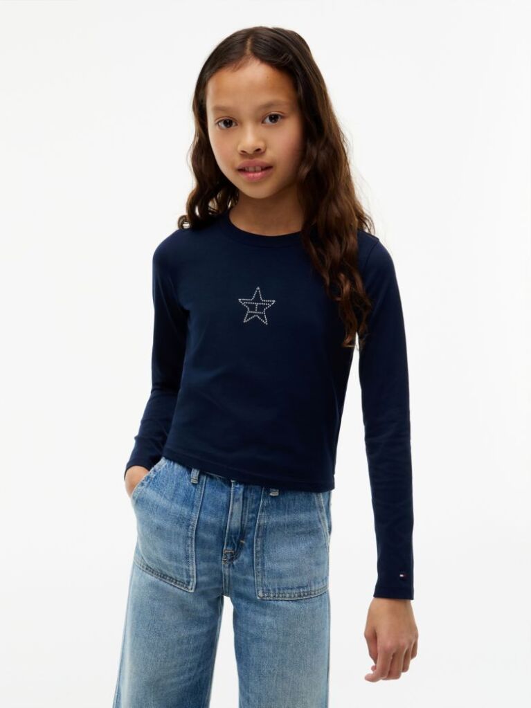 Blue Diamanté Star Flag Extra Slim Long Sleeve T-Shirt  Girls