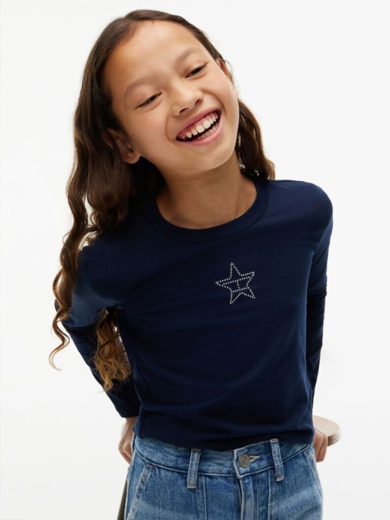 Blue Diamanté Star Flag Extra Slim Long Sleeve T-Shirt  Girls