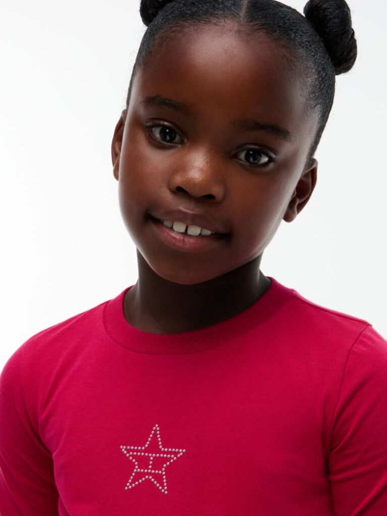 Red Diamanté Star Flag Extra Slim Long Sleeve T-Shirt  Girls