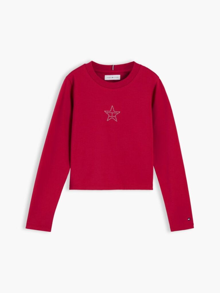 Red Diamanté Star Flag Extra Slim Long Sleeve T-Shirt  Girls