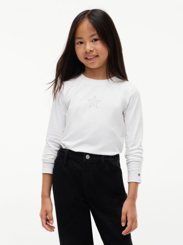 White Diamanté Star Flag Extra Slim Long Sleeve T-Shirt  Girls