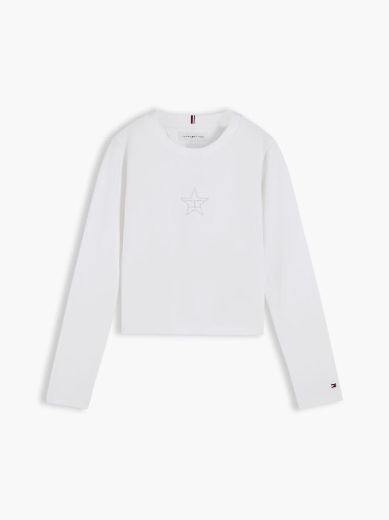 White Diamanté Star Flag Extra Slim Long Sleeve T-Shirt  Girls