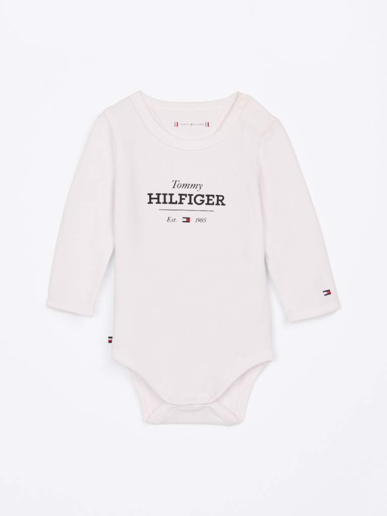 White Hilfiger Monotype Long Sleeve Bodysuit  Newborn