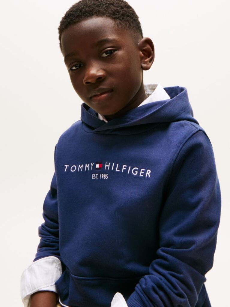 Blue Essential Organic Cotton Hoodie With Logo  Kids Unisex