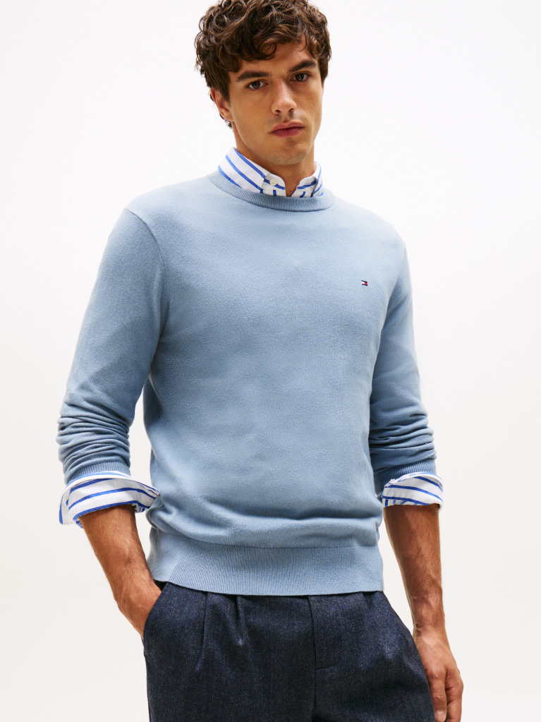 Blue Cotton Cashmere Crew Neck Jumper  Men