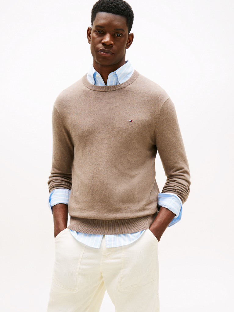 Brown Cotton Cashmere Crew Neck Jumper  Men