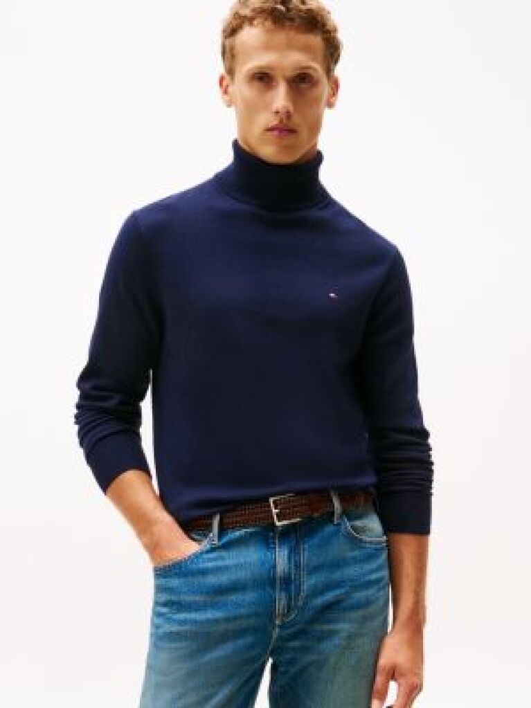 Blue Cotton Cashmere Roll Neck Jumper  Men