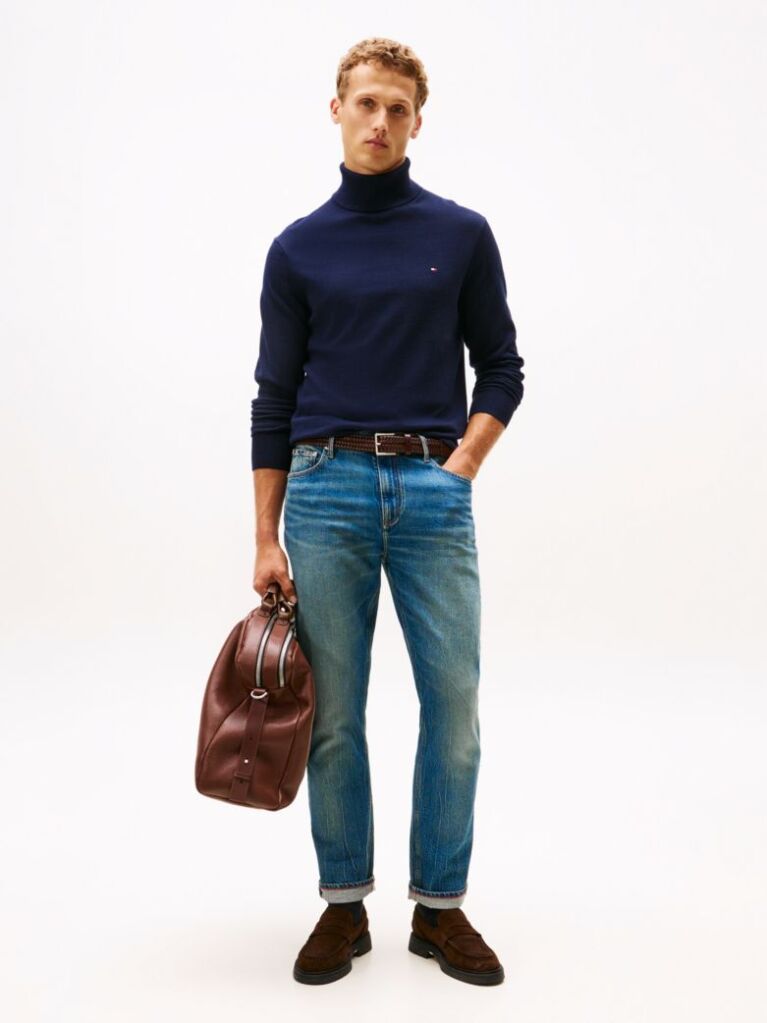 Blue Cotton Cashmere Roll Neck Jumper  Men