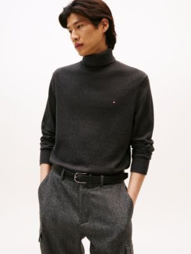 Grey Cotton Cashmere Roll Neck Jumper  Men