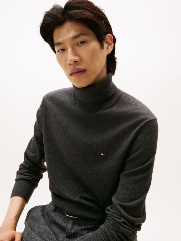 Grey Cotton Cashmere Roll Neck Jumper  Men