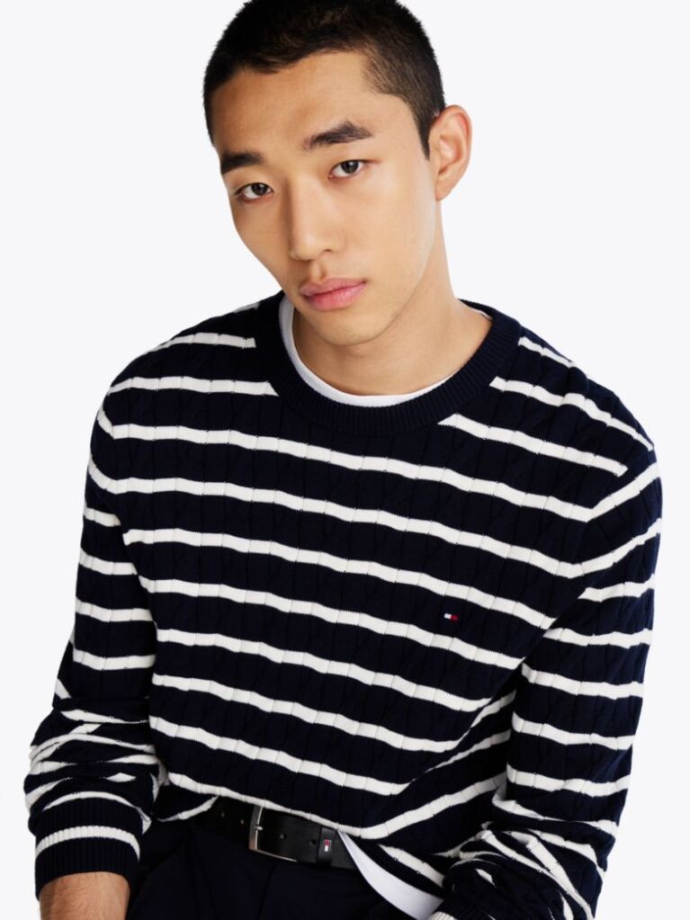 Multi Cable Knit Crew Neck Jumper  Men