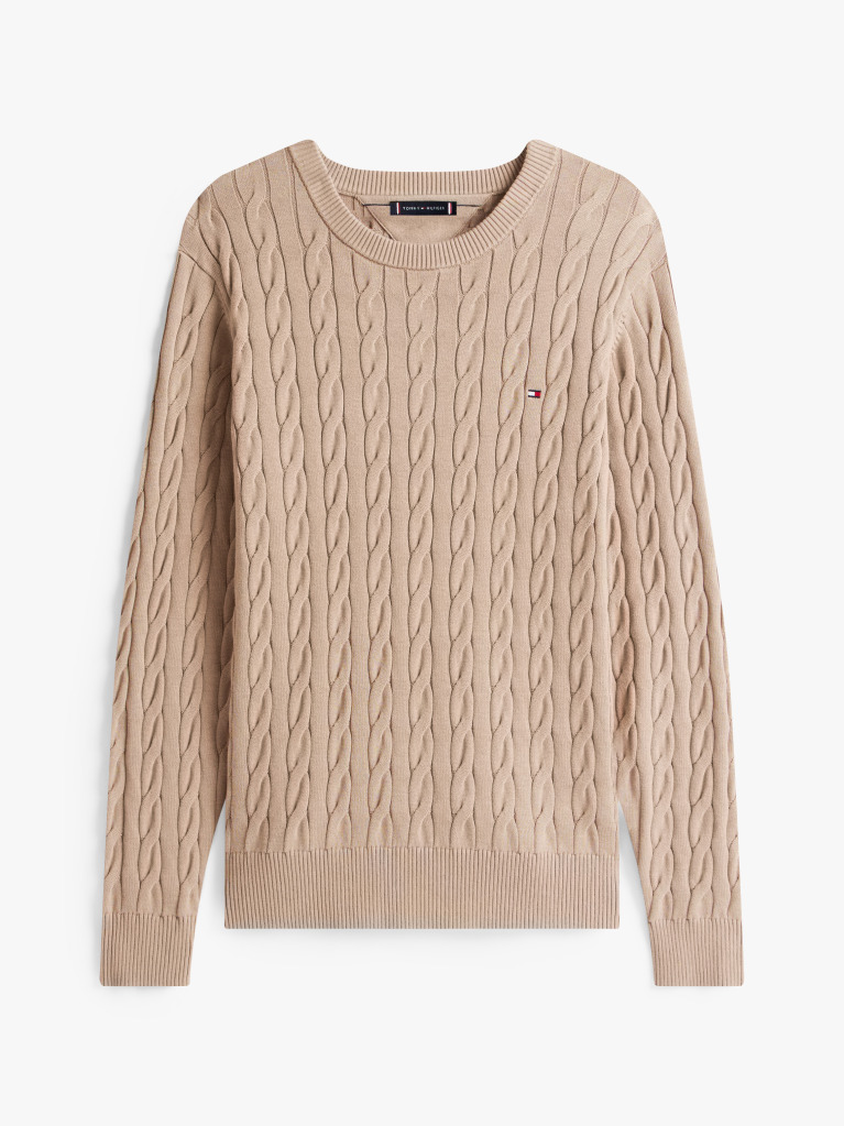 Beige Cable Knit Crew Neck Jumper  Men