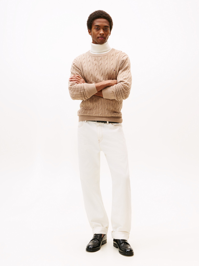 Beige Cable Knit Crew Neck Jumper  Men
