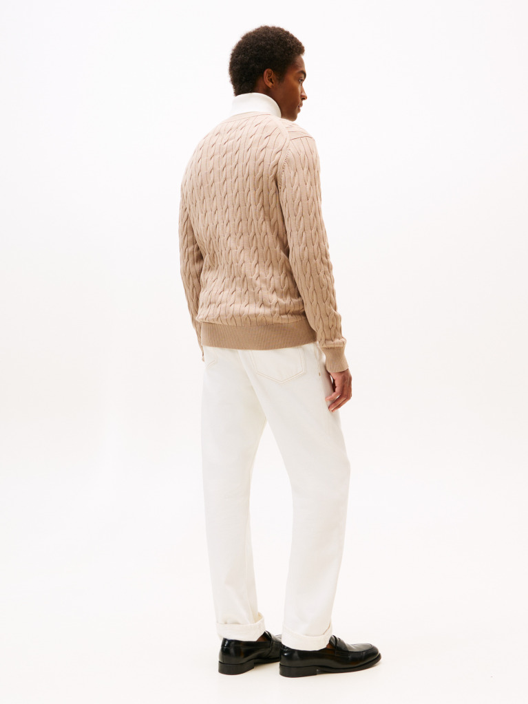 Beige Cable Knit Crew Neck Jumper  Men