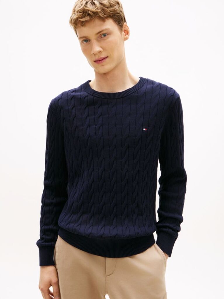 Blue Cable Knit Crew Neck Jumper  Men