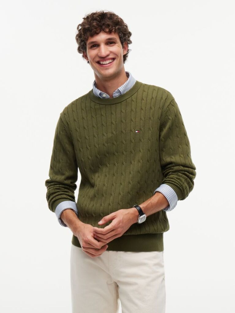 Green Cable Knit Crew Neck Jumper  Men
