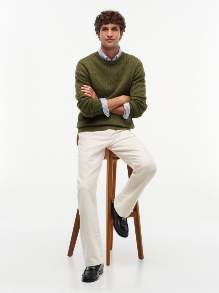 Green Cable Knit Crew Neck Jumper  Men