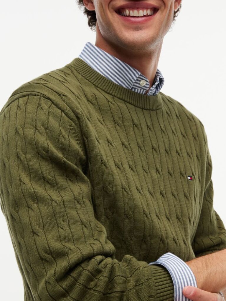 Green Cable Knit Crew Neck Jumper  Men