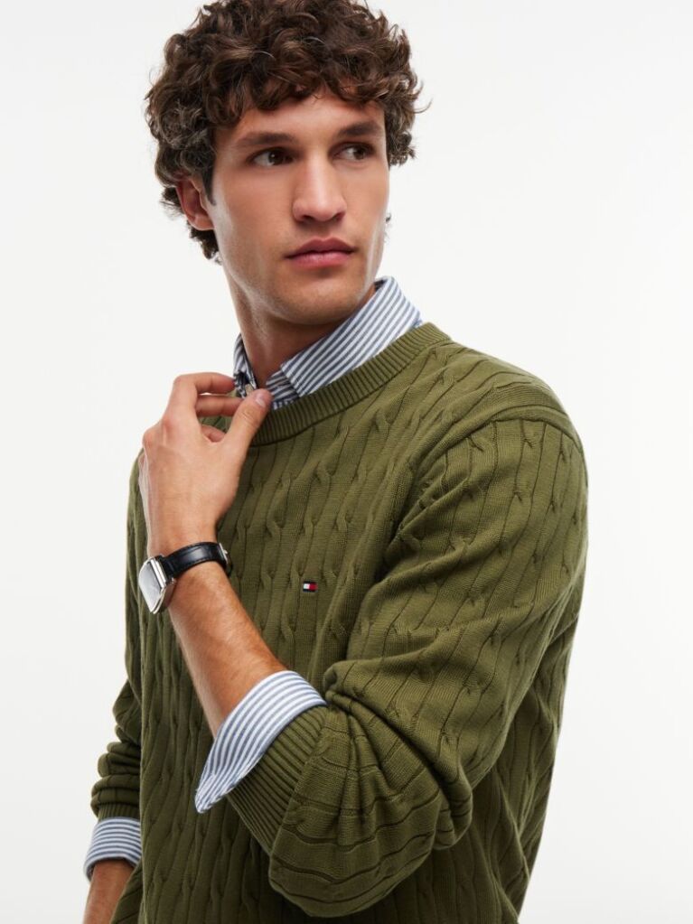 Green Cable Knit Crew Neck Jumper  Men