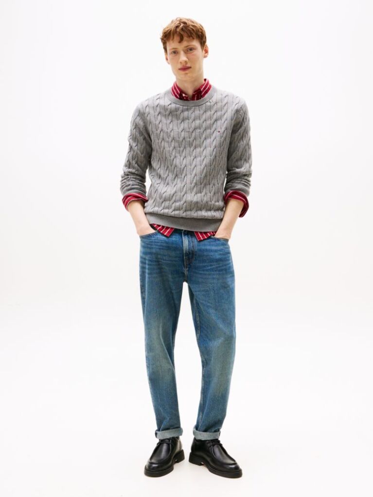 Grey Cable Knit Crew Neck Jumper  Men